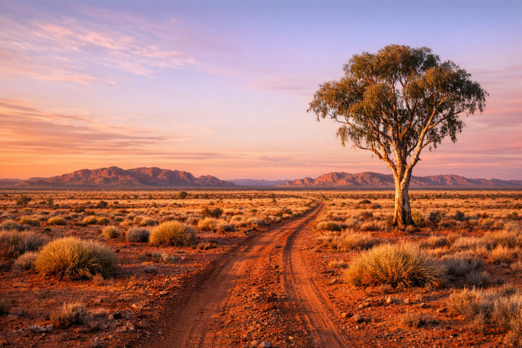 Panoramic golden-hour view of the Australian Outback with red-earth plains and distant ranges