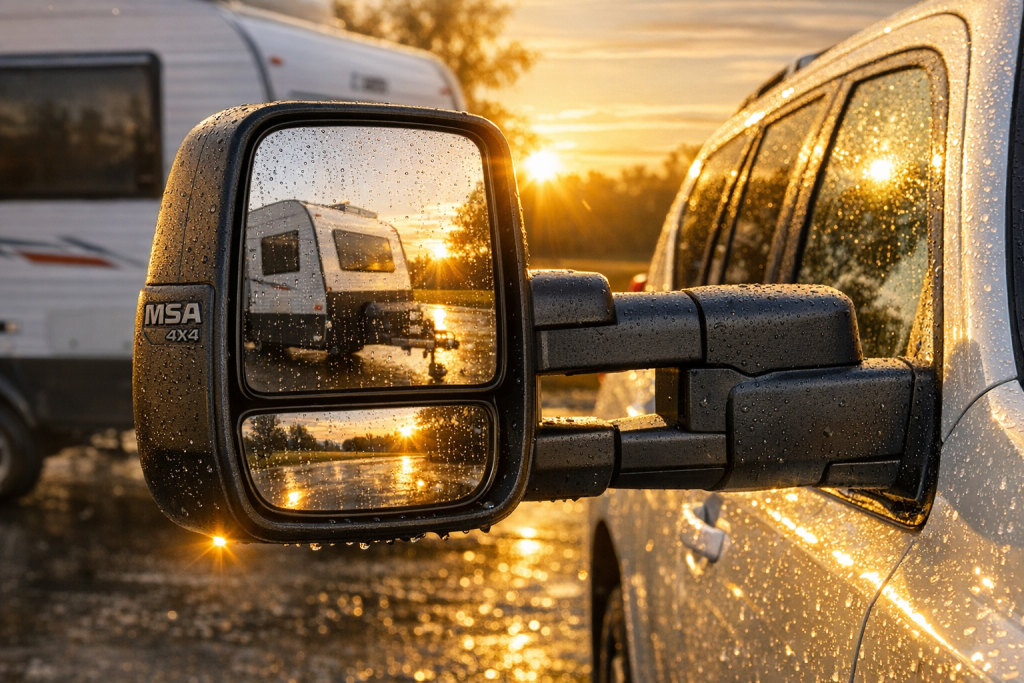 MSA 4x4 black heated towing mirror on Toyota Prado LC150 beside caravan at golden hour