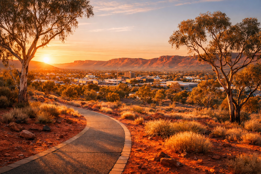 Sunrise over Alice Springs with MacDonnell Ranges and red sandy plains