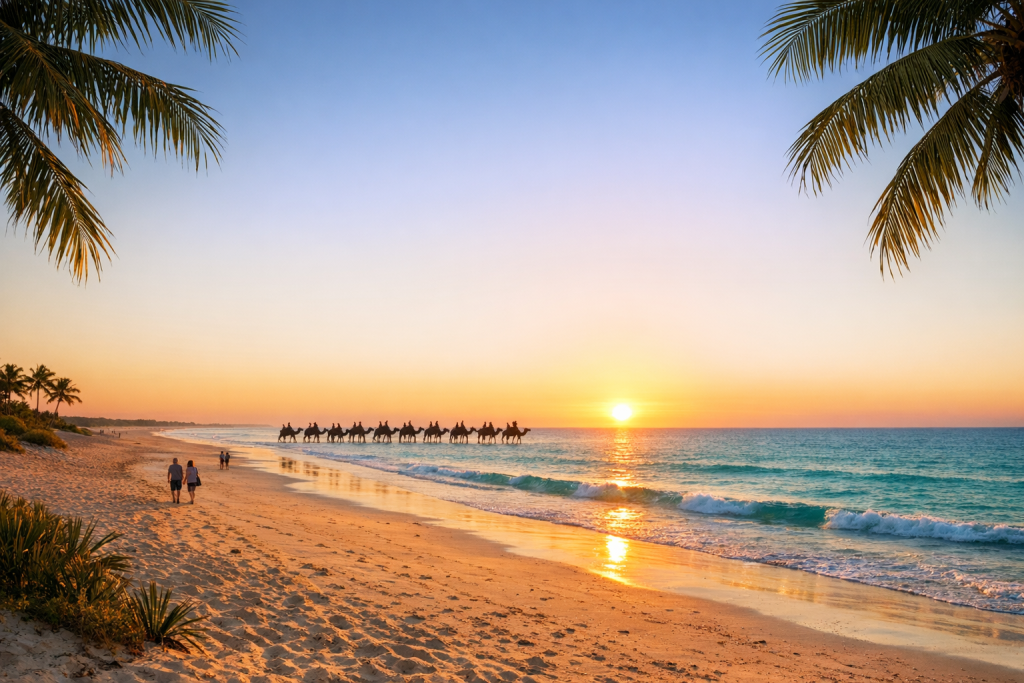Sunrise over Cable Beach with camel silhouette and early walkers